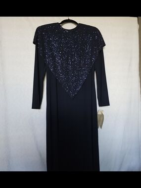 Vintage Ricki Lang Long Sleeve Navy Sequin Cape-Detail Evening Dress